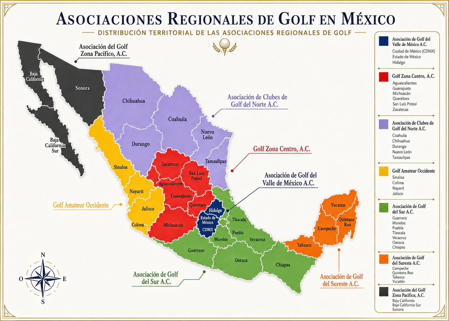 Mapa de la distribución territorial de las Asociaciones Regionales de Golf en México
